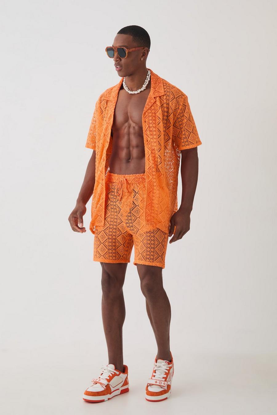 Orange Boxy Crochet Shirt & Short Set image number 1