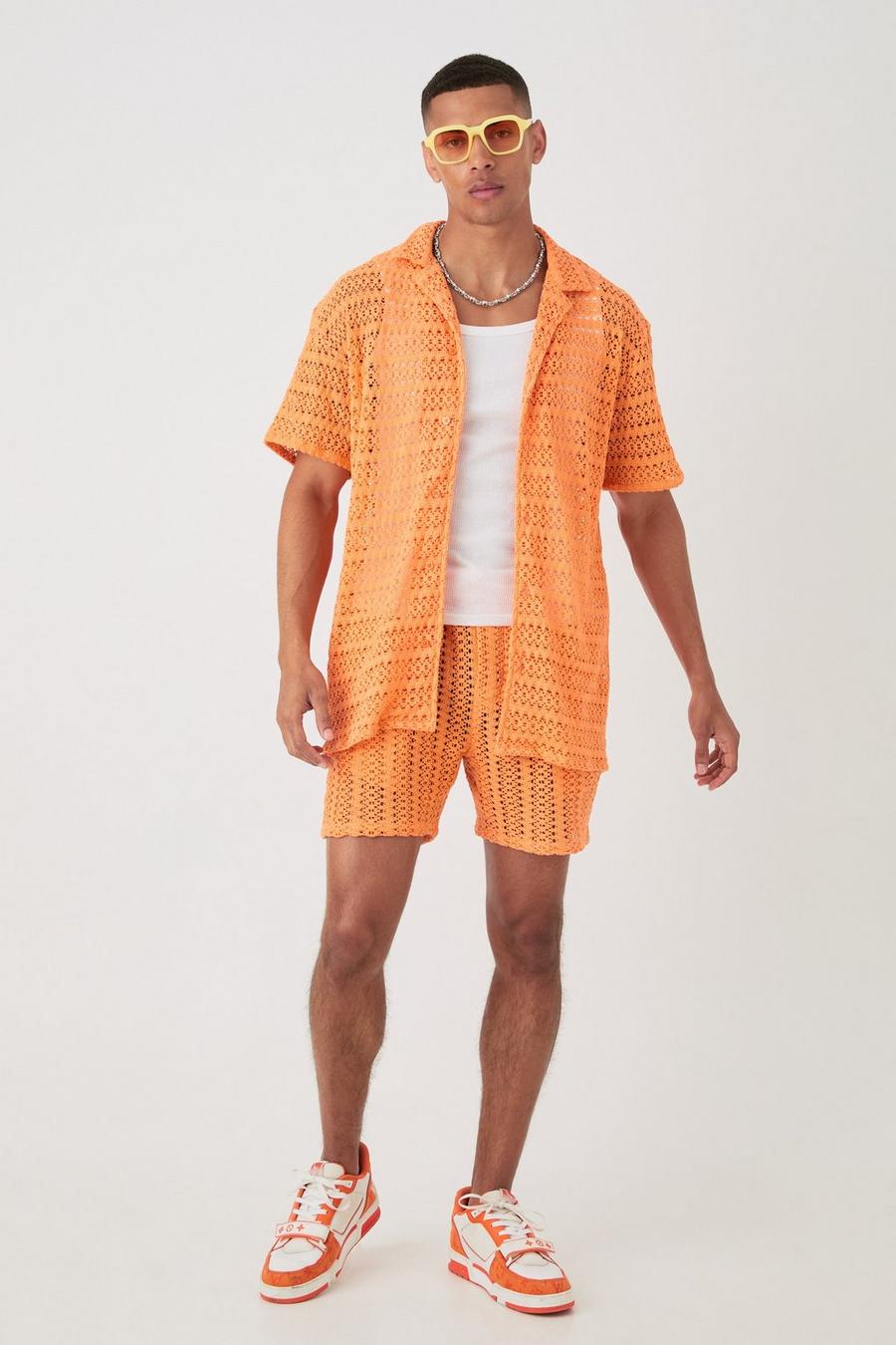 Orange Oversized Weave Look Shirt & Short Set image number 1