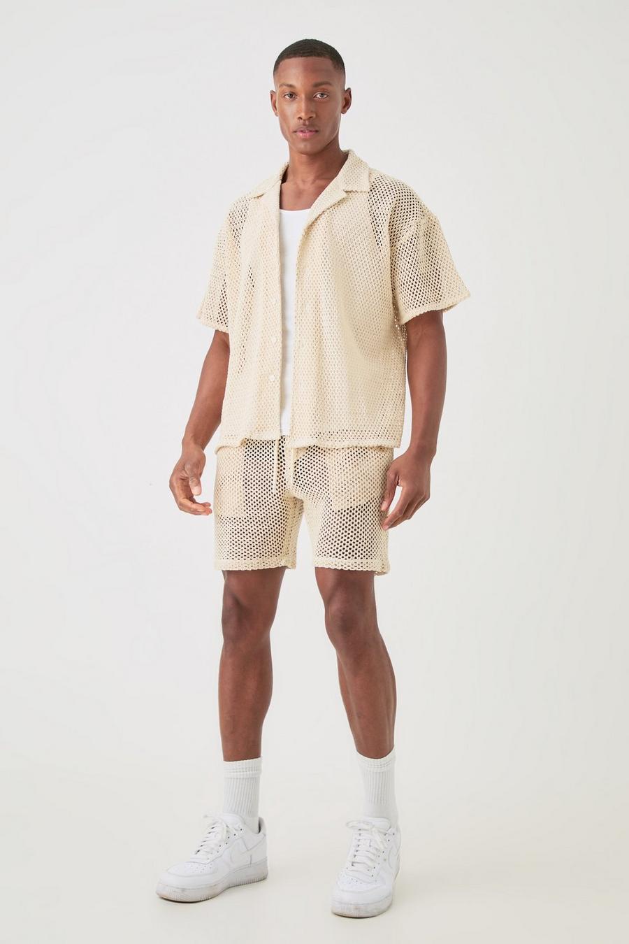 Camicia squadrata in maglia traforata & pantaloncini, Stone image number 1