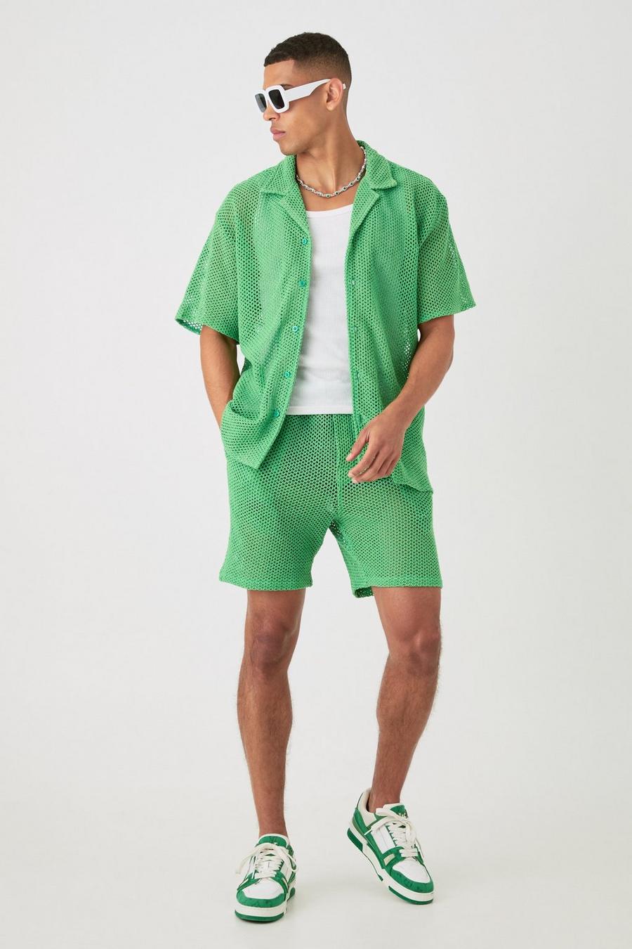 Green Boxy Open Stitch Shirt & Short Set image number 1