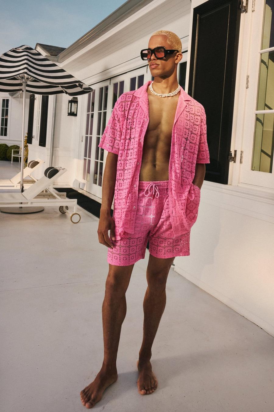 Hot pink Oversized Open Weave Lace Shirt & Short Set image number 1
