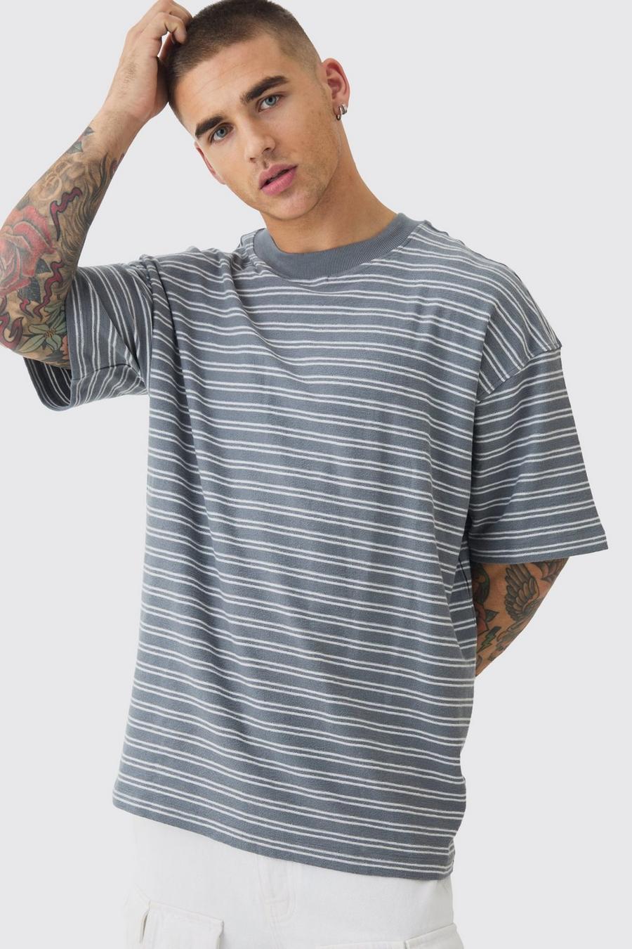 Grey Oversized Ribbed Striped T-shirt image number 1