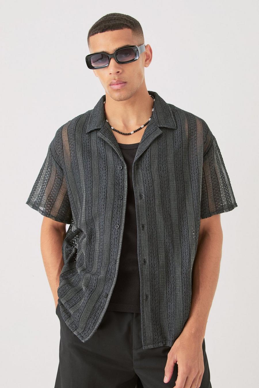Black Boxy Open Lace Stripe Shirt
