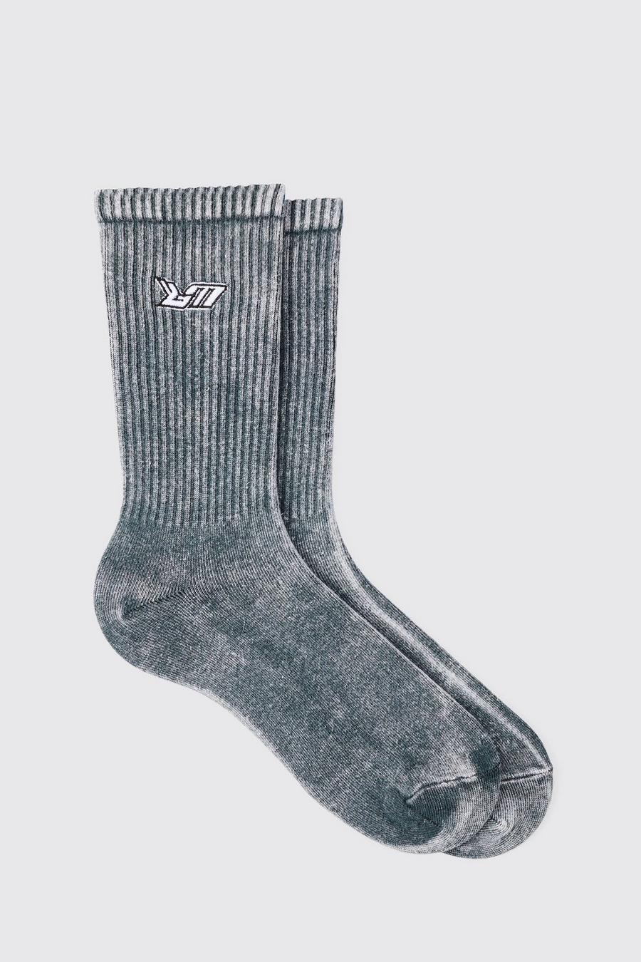 Acid Wash BM Embroidered Socks In Charcoal image number 1