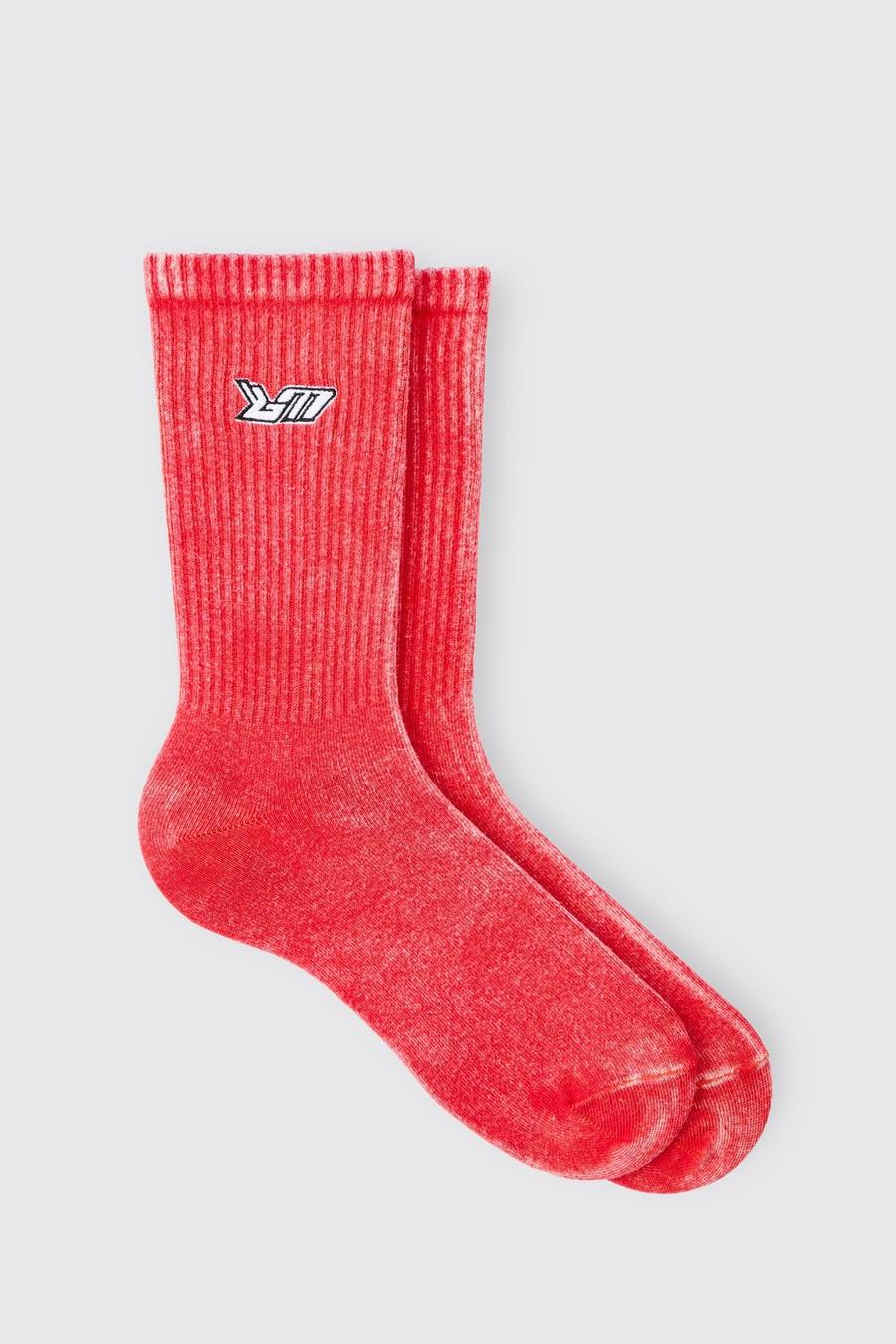 Acid Wash BM Embroidered Socks In Red