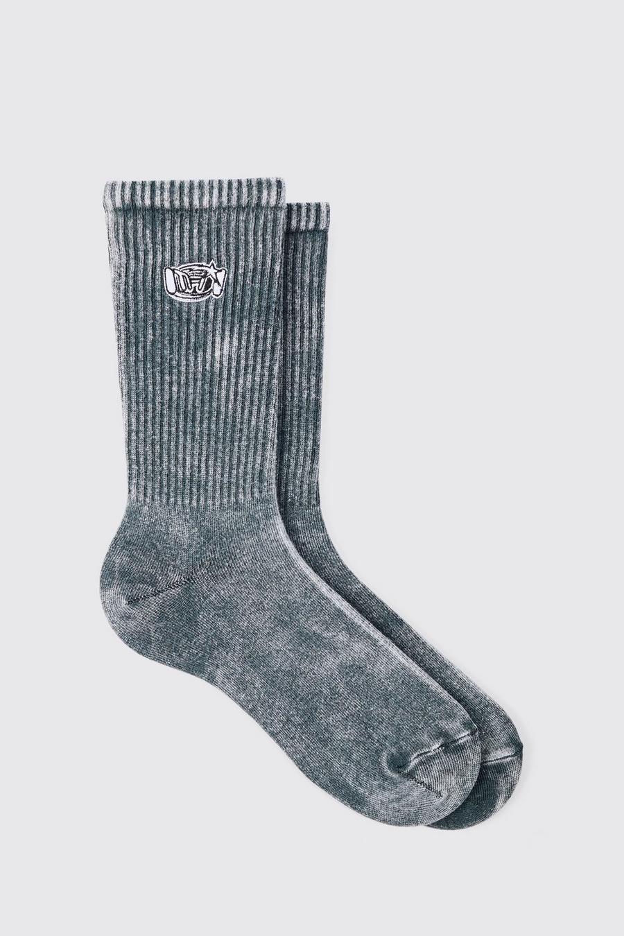 Acid Wash Man Embroidered Socks In Charcoal