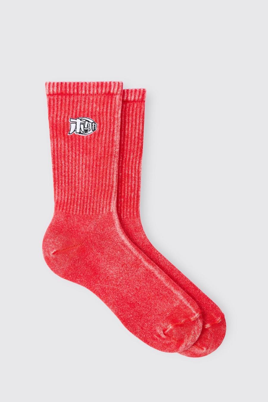Acid Wash Man Embroidered Socks In Red image number 1