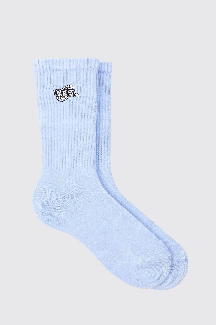 Acid Wash OFCL Embroidered Socks In Light Blue