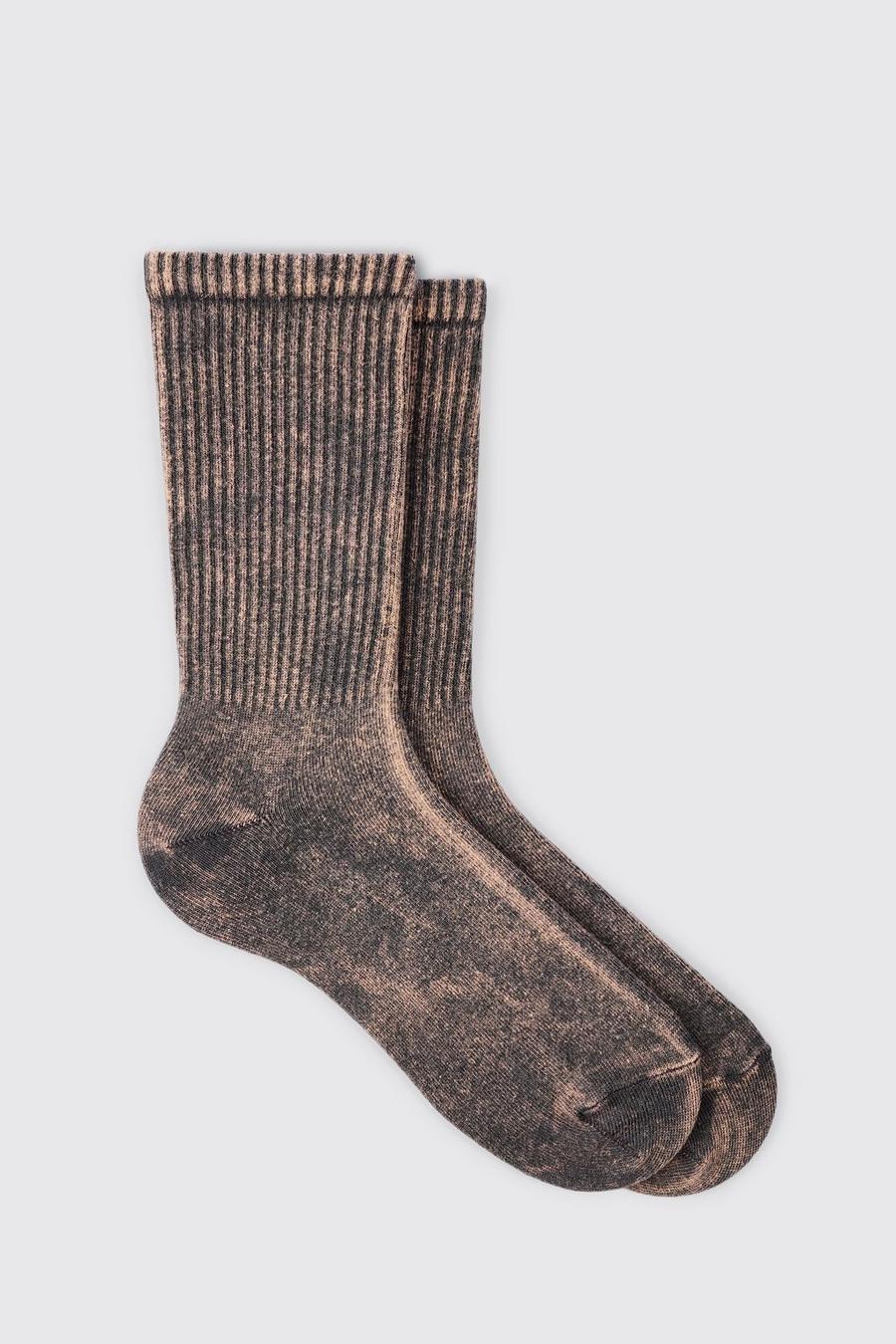 Acid Wash Plain Ribbed Sports Socks In Brown image number 1