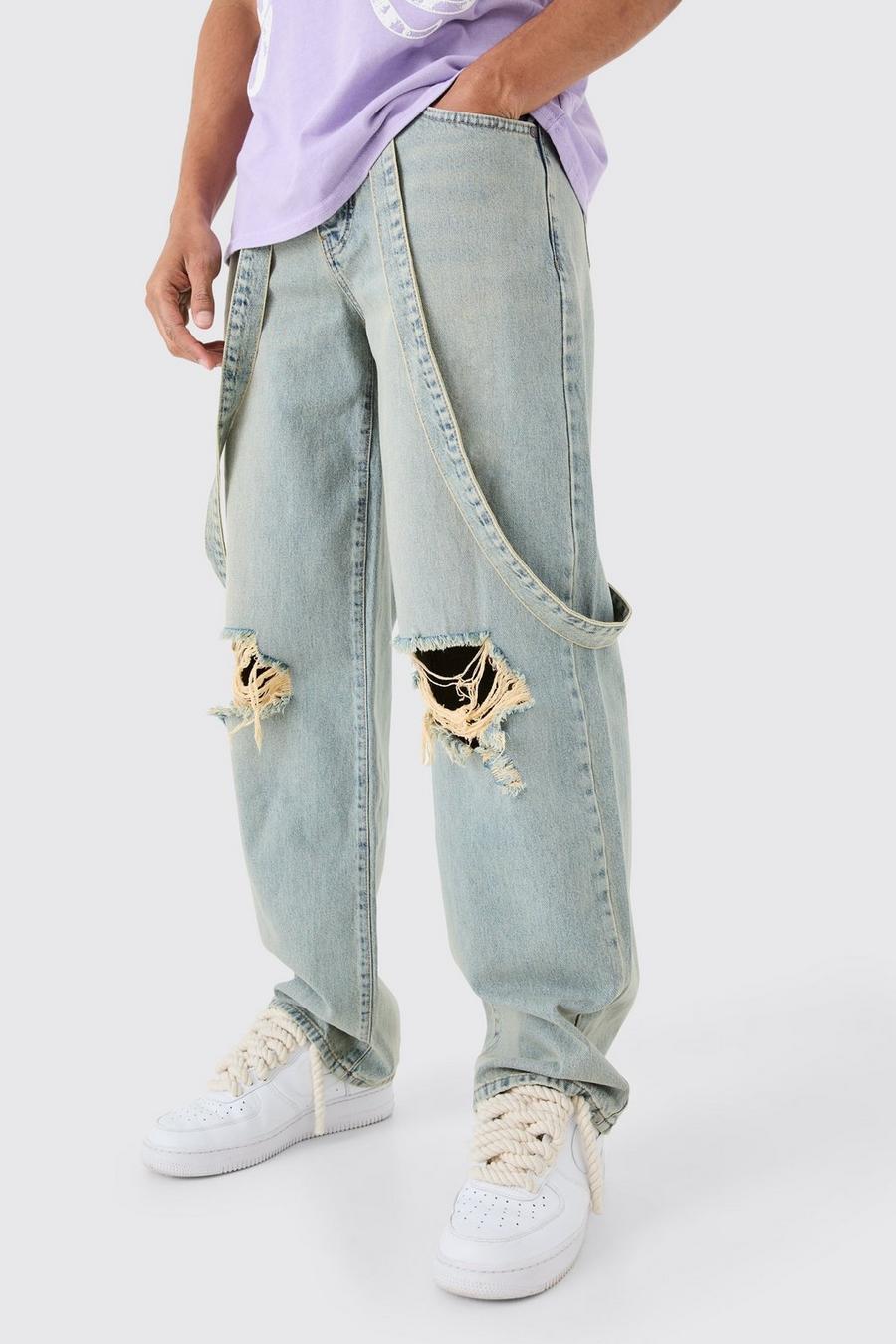Baggy Rigid Strap Detail Ripped Knee Jeans In Antique Blue
