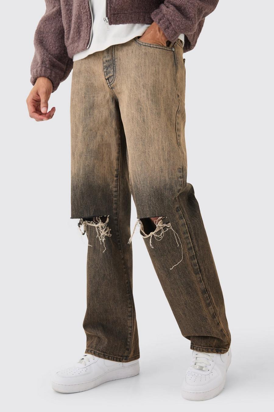 Brown Onbewerkte Baggy Jeans Met Gescheurde Knieën In Bruin image number 1