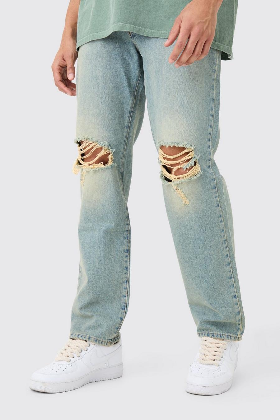 Jeans rilassati in denim rigido blu antico con strappi sul ginocchio, Antique blue