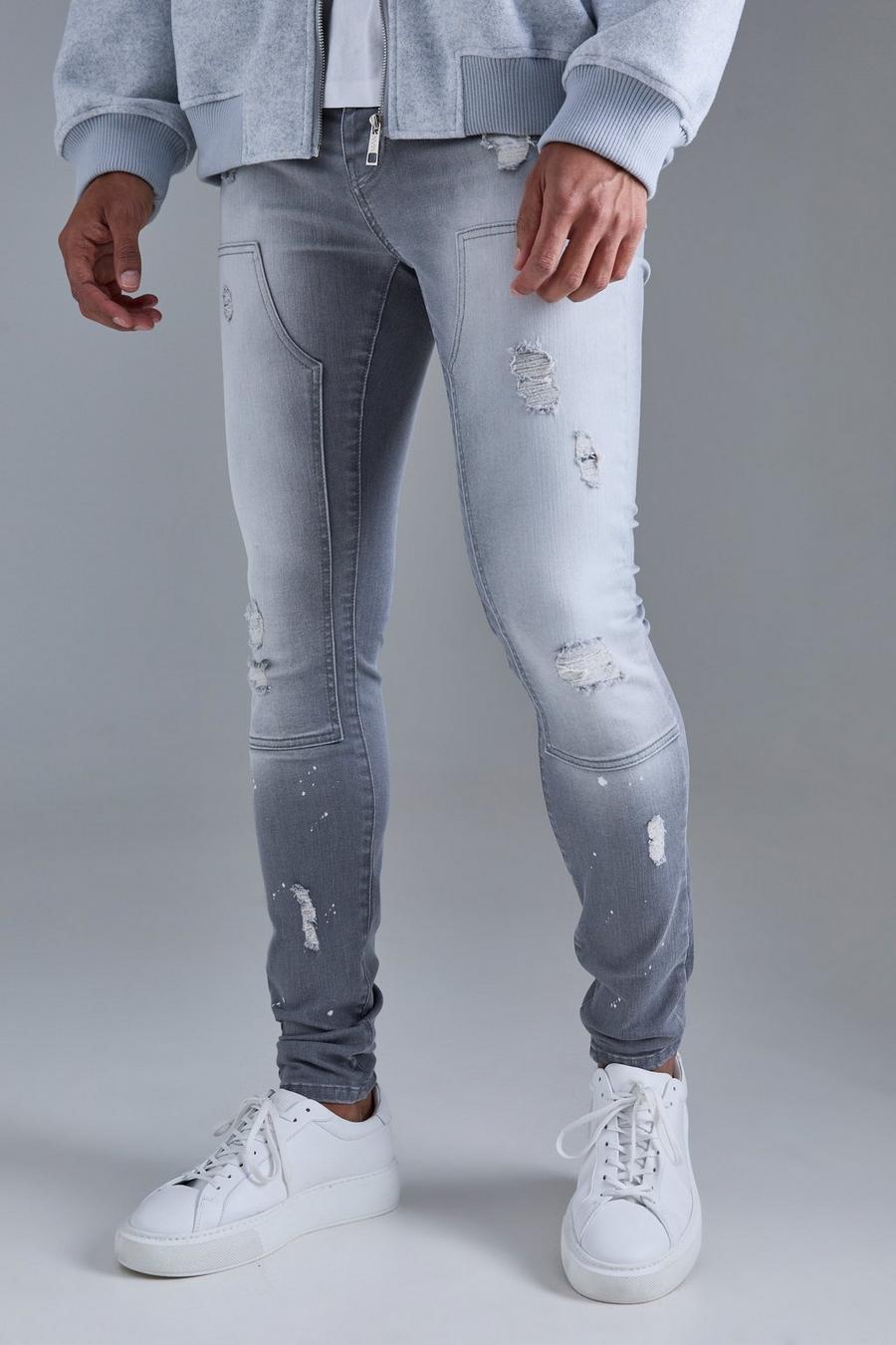 Skinny Stretch Stacked Ripped Carpenter Zip Hem Jeans In Grey image number 1