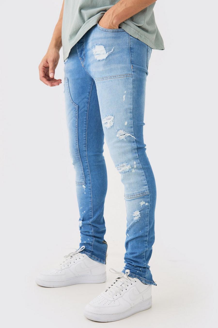 Jeans Skinny Fit Stretch in azzurro con strappi, pieghe sul fondo e zip sul fondo, Light blue image number 1
