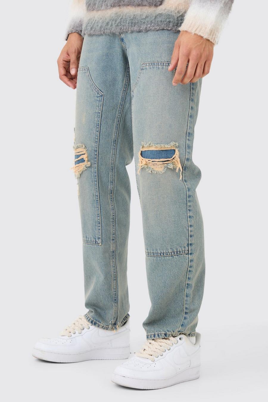 Jeans rilassati in denim rigido stile Carpenter con strappi in blu vintage, Vintage blue