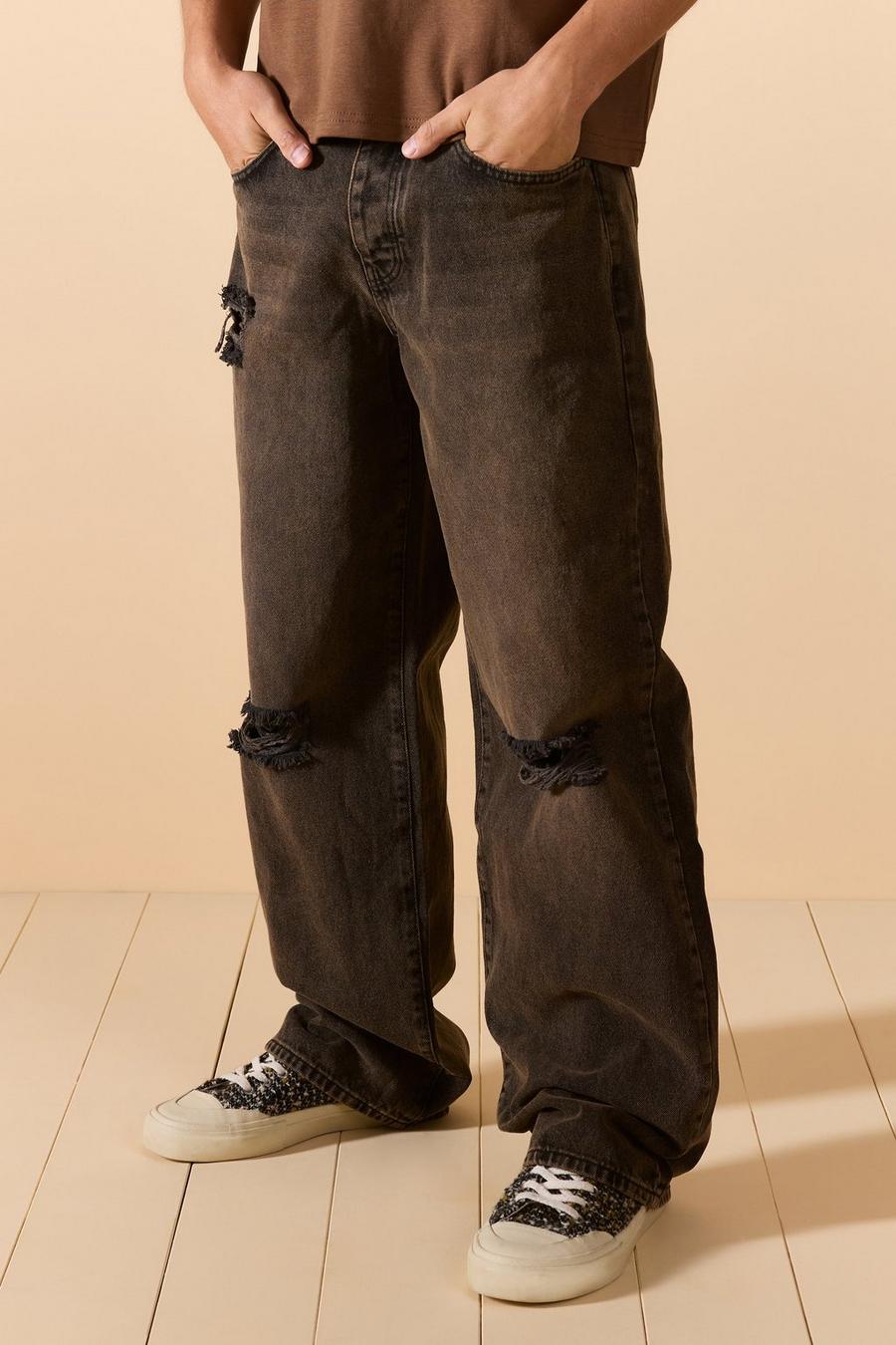 Jeans extra comodi in denim rigido slavato con strappi sul ginocchio, Brown image number 1