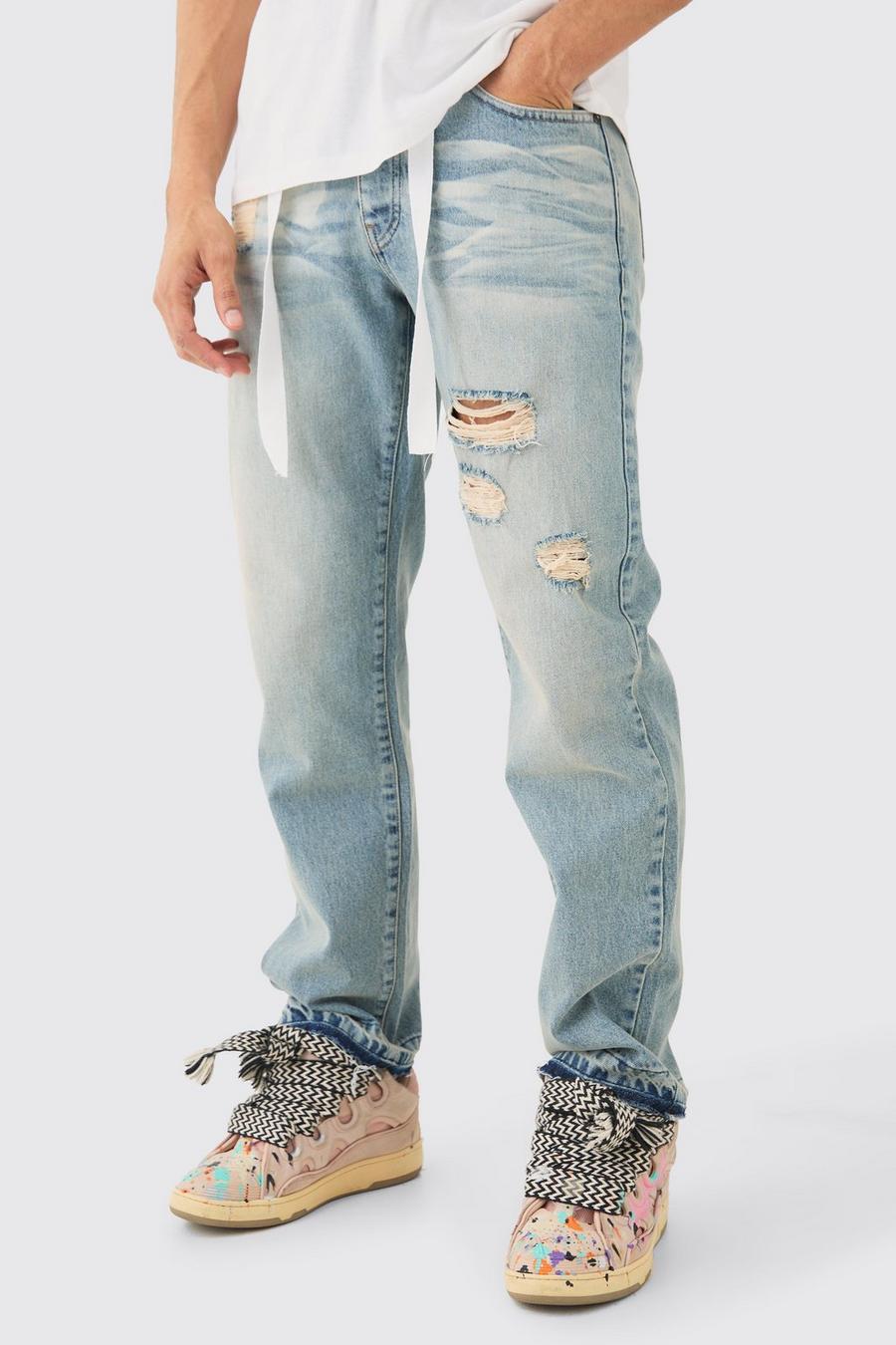 Relaxed Rigid Ripped Let Down Hem Jeans With Extended Drawcords In Antique Blue