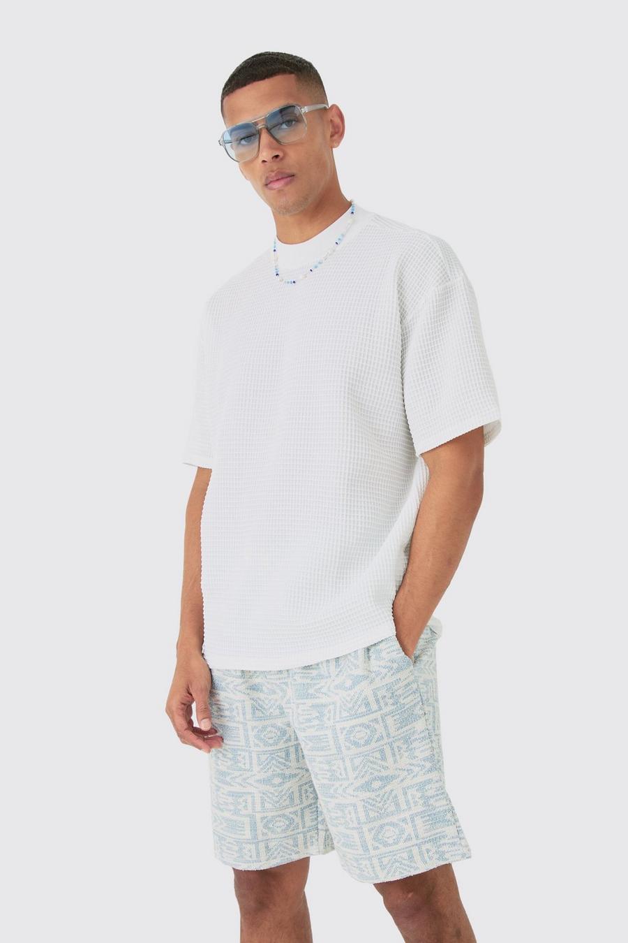 White Oversized Extended Neck Waffle T-shirt image number 1