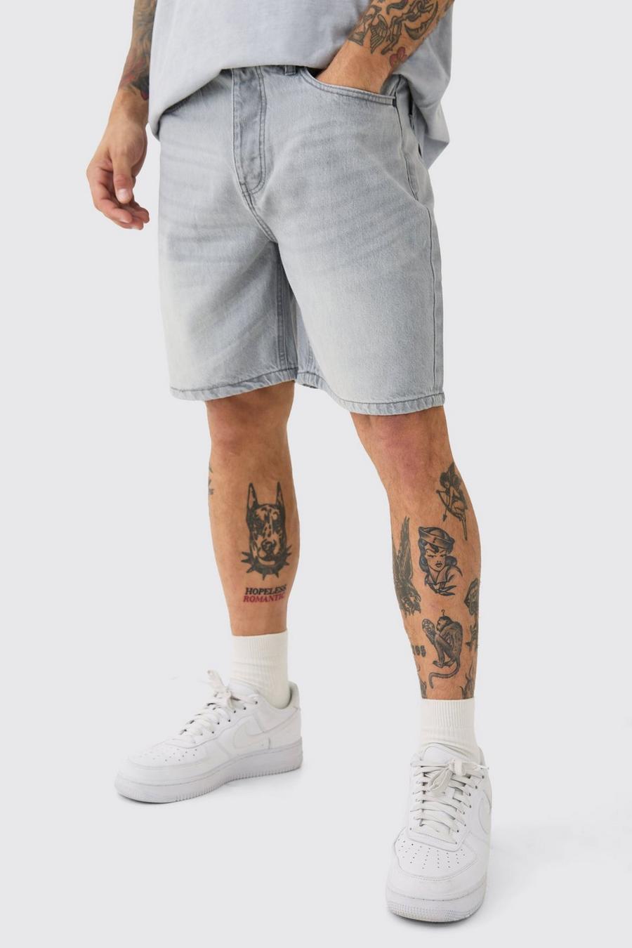 Relaxed Rigid Denim Shorts In Light Grey