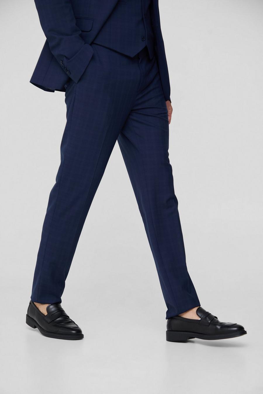 Tall Dark Blue Check Slim Fit Suit Trouser image number 1
