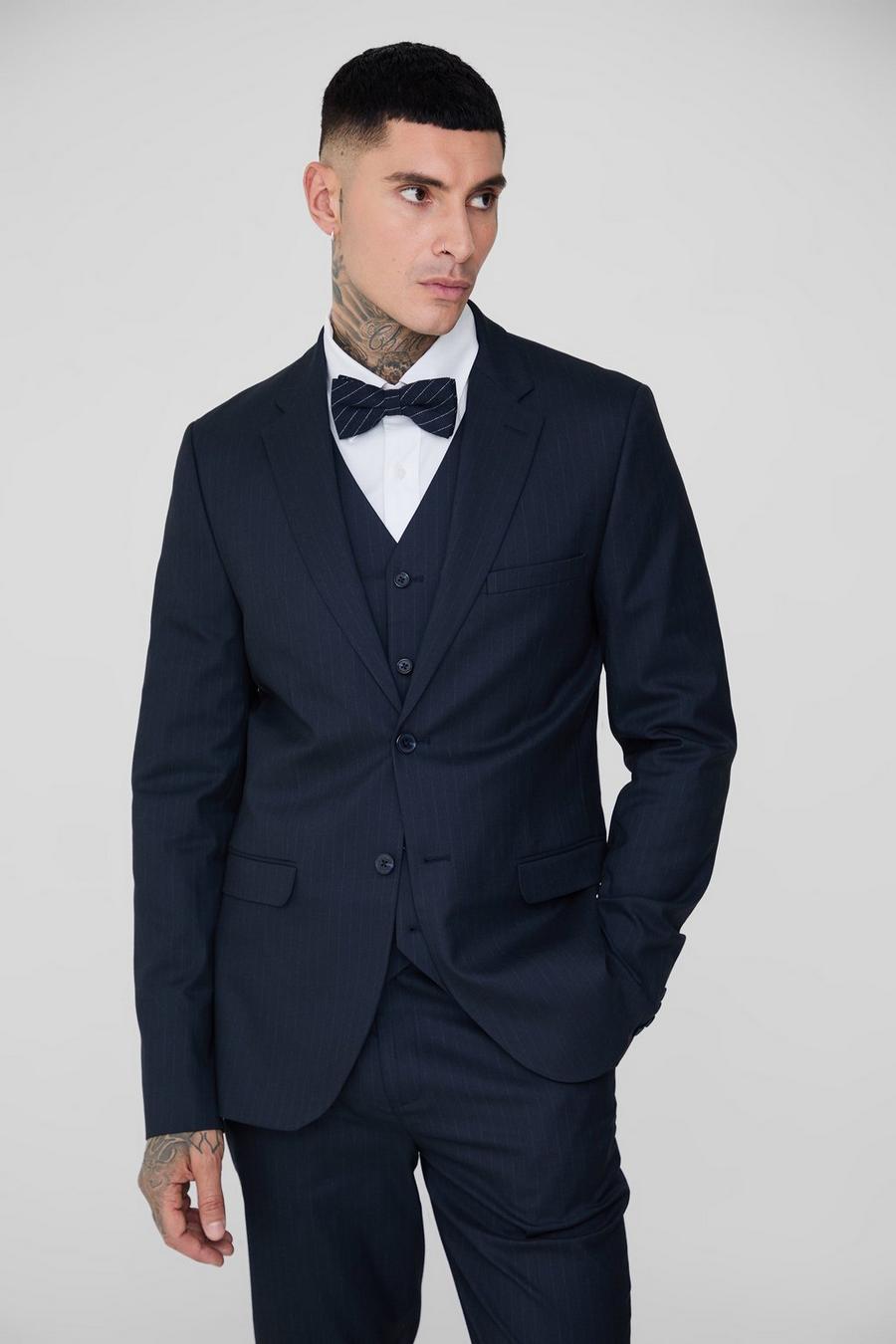 Tall Navy Pinstripe Single Breasted Slim Fit Suit Jacket image number 1