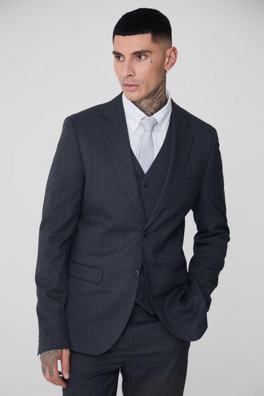 Tall Charcoal Check Single Breasted Slim Fit Suit Jacket image number 1