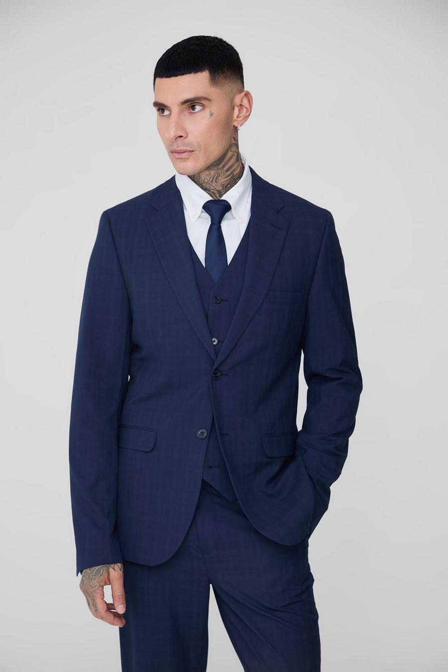 Tall Dark Blue Check Single Breasted Slim Fit Suit Jacket image number 1