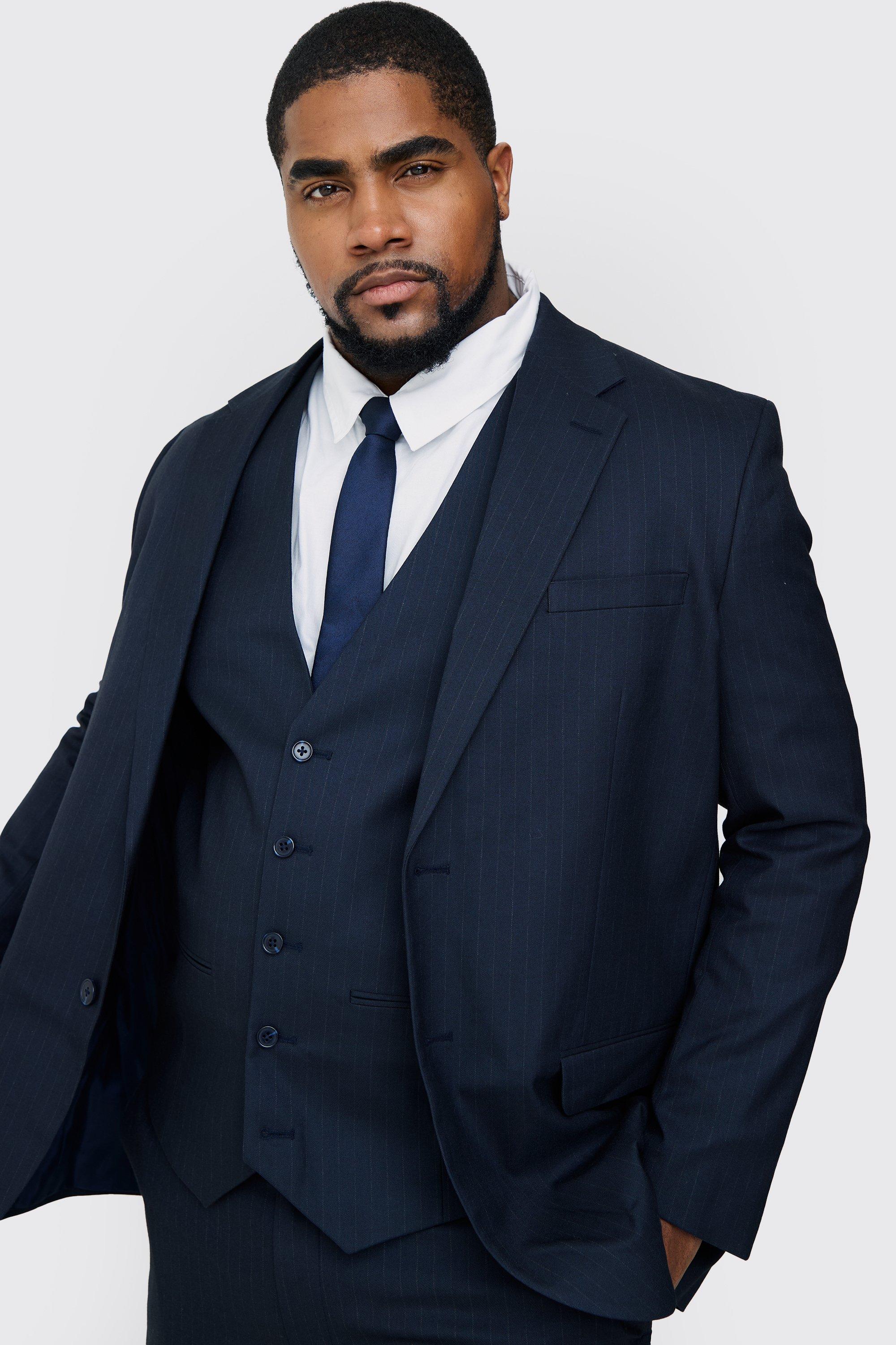 Plus Navy Pinstripe Single Breasted Regular Fit Suit Jacket