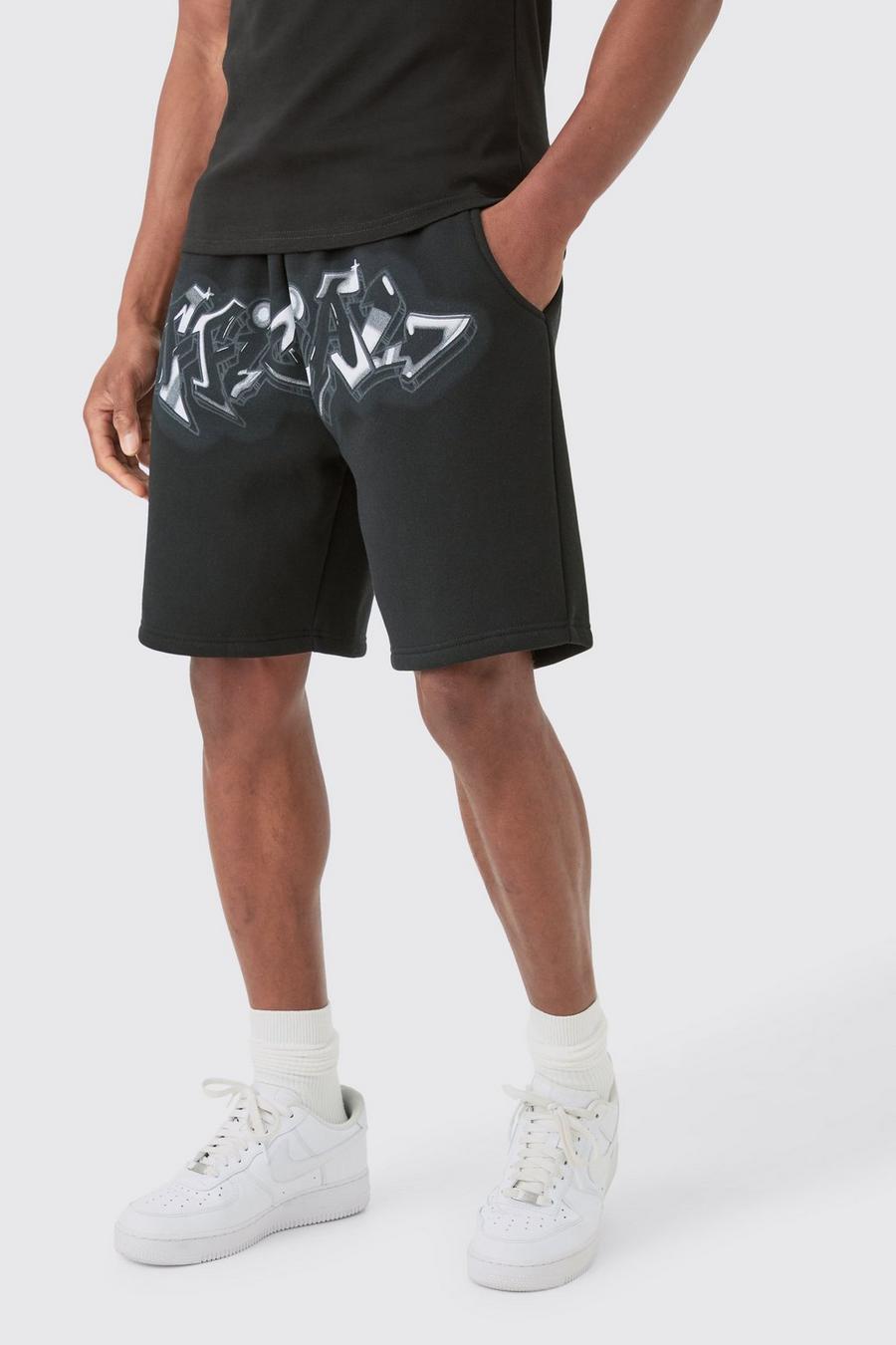 Lockere Official Shorts mit Graffiti-Print, Black