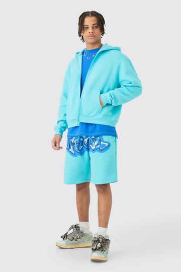 Oversized Boxy Zip Up Official Graffiti Spray Hoodie And Shorts Set aqua