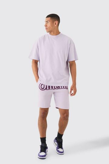 Lila Violet Oversized Official Graffiti T-Shirt Met Brede Nek En Shorts Set