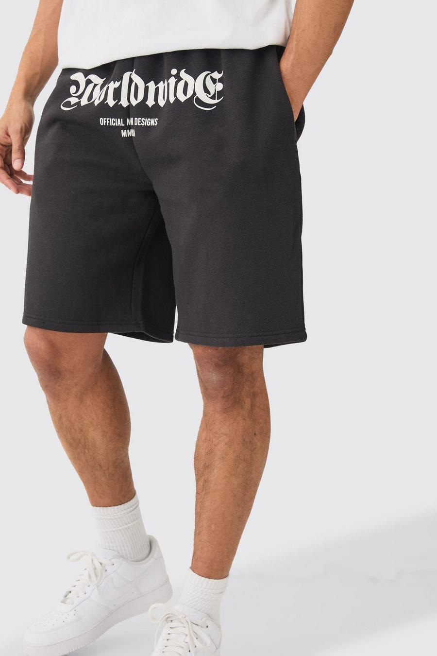 Pantalón corto oversize con estampado Worldwide en la entrepierna, Black image number 1