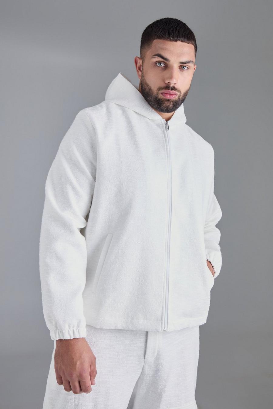 Chaqueta Plus elegante texturizada de jacquard y algodón con capucha, White image number 1
