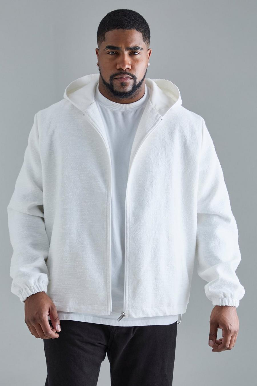 Chaqueta Plus elegante texturizada de jacquard y algodón con capucha, White