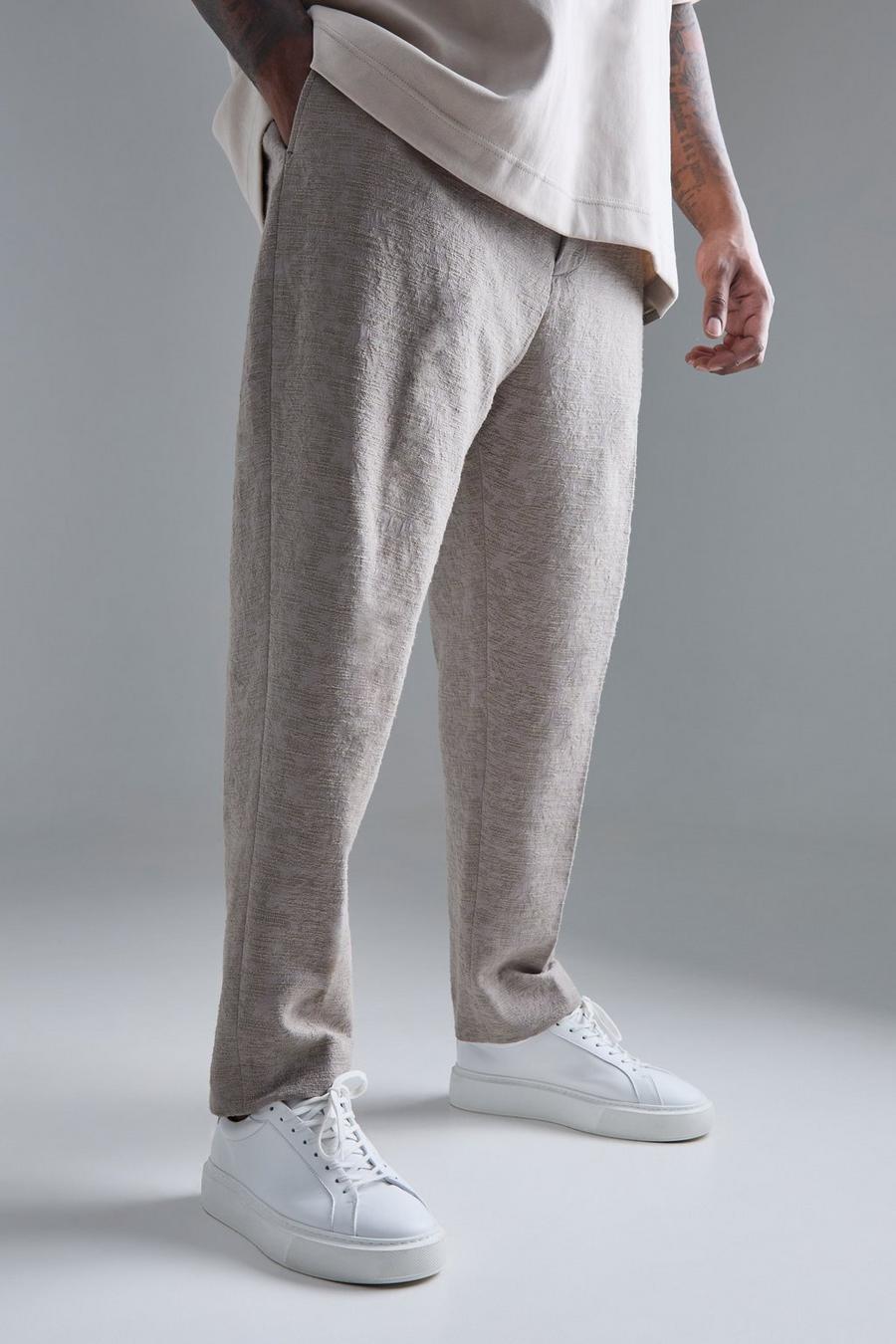 Taupe Plus Textured Jacquard Smart Tapered Trousers 