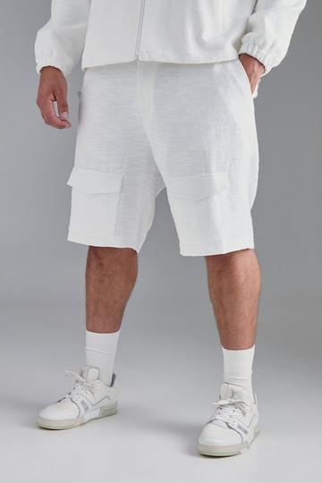 White Plus Textured Cotton Jacquard Smart Cargo Shorts