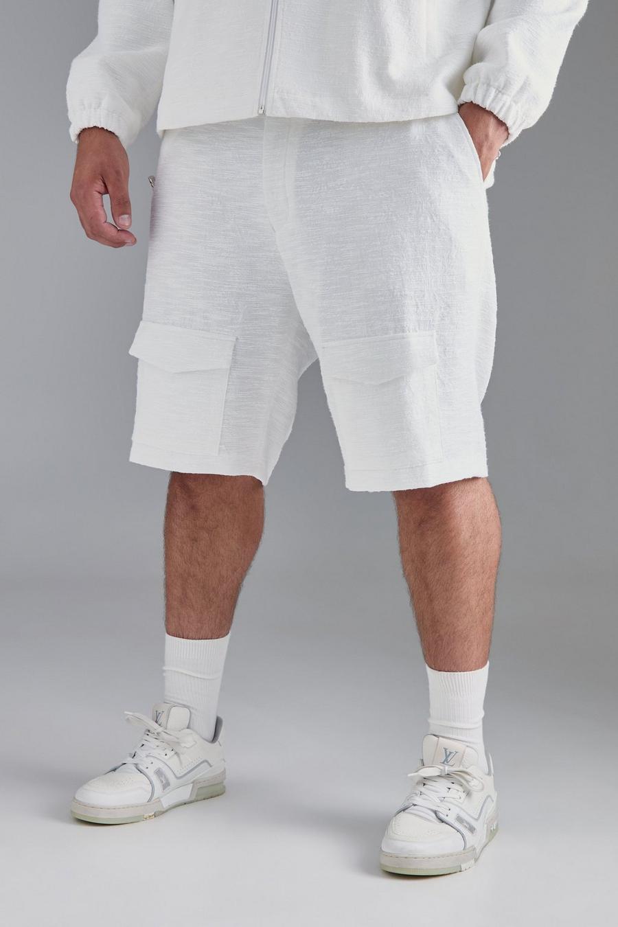 White Plus Textured Cotton Jacquard Smart Cargo Shorts 