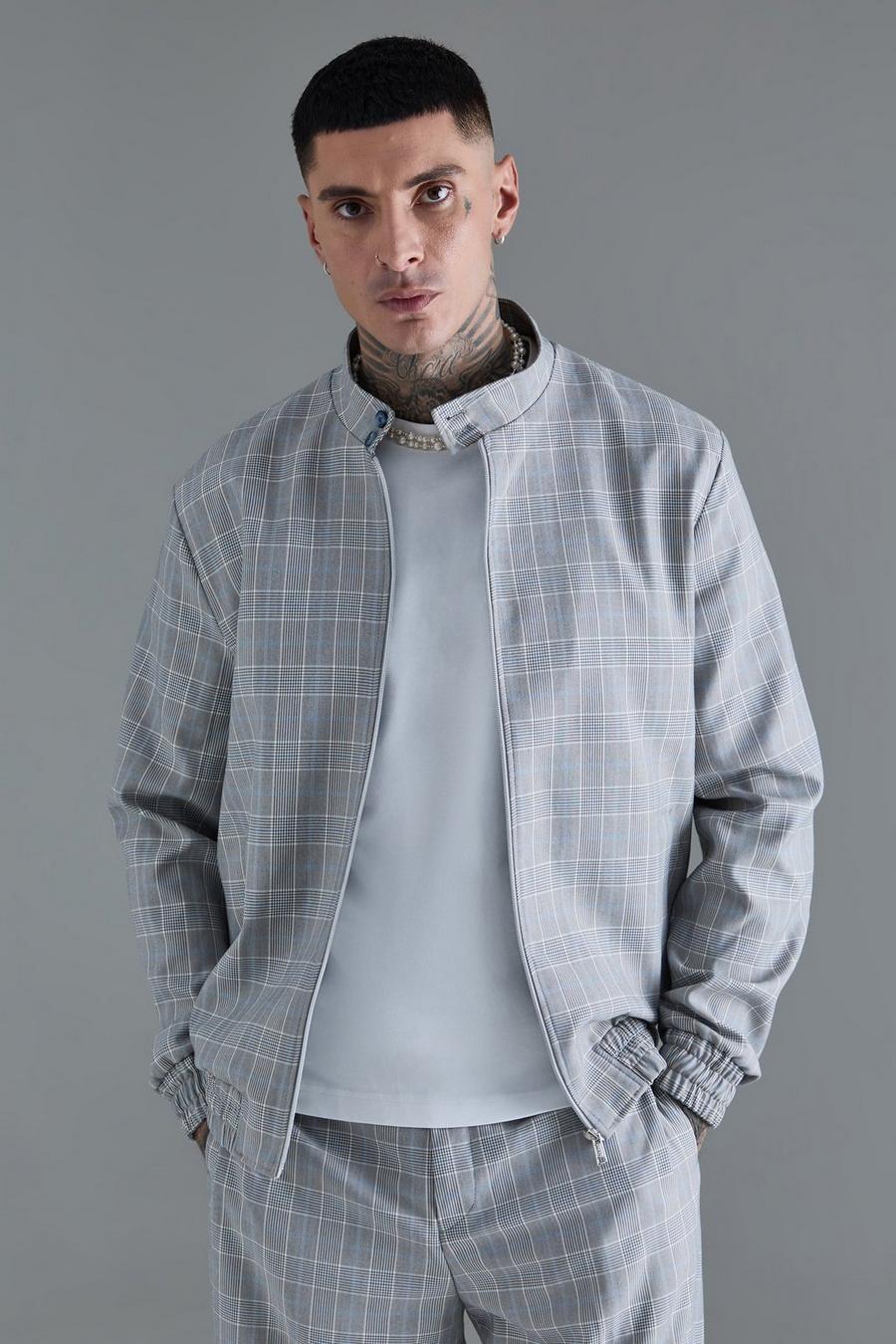 Grey Tall Check High Neck Zip Up Smart Bomber Jacket  image number 1
