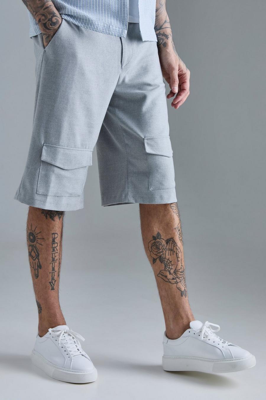 Grey Tall Side Stripe Drawcord Waist Smart Cargo Shorts 