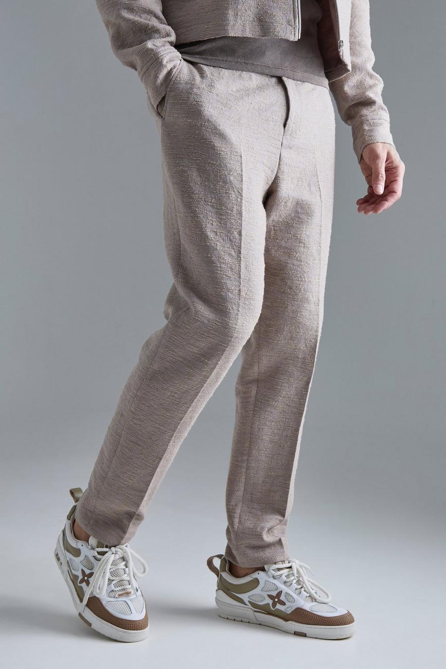 Taupe Tall Textured Cotton Jacquard Smart Tapered Trousers 