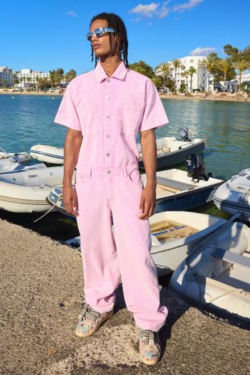 Pink Relaxed Acid Wash Corduroy Boilersuit In Pink
