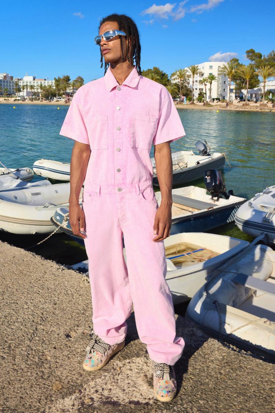 Relaxed Acid Wash Corduroy Boilersuit In Pink image number 1