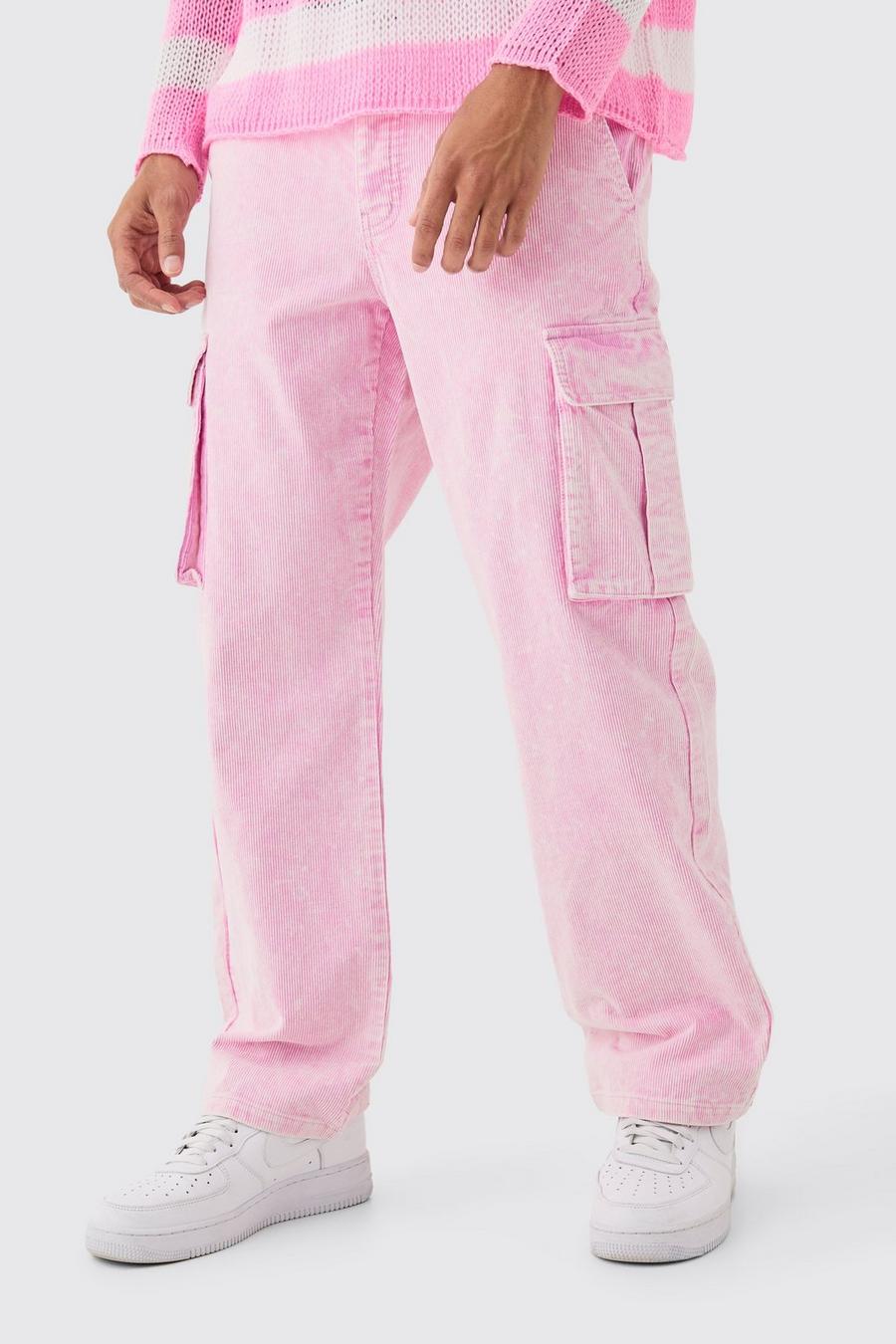 Pantalón cargo holgado de pana con lavado de ácido, Pink image number 1