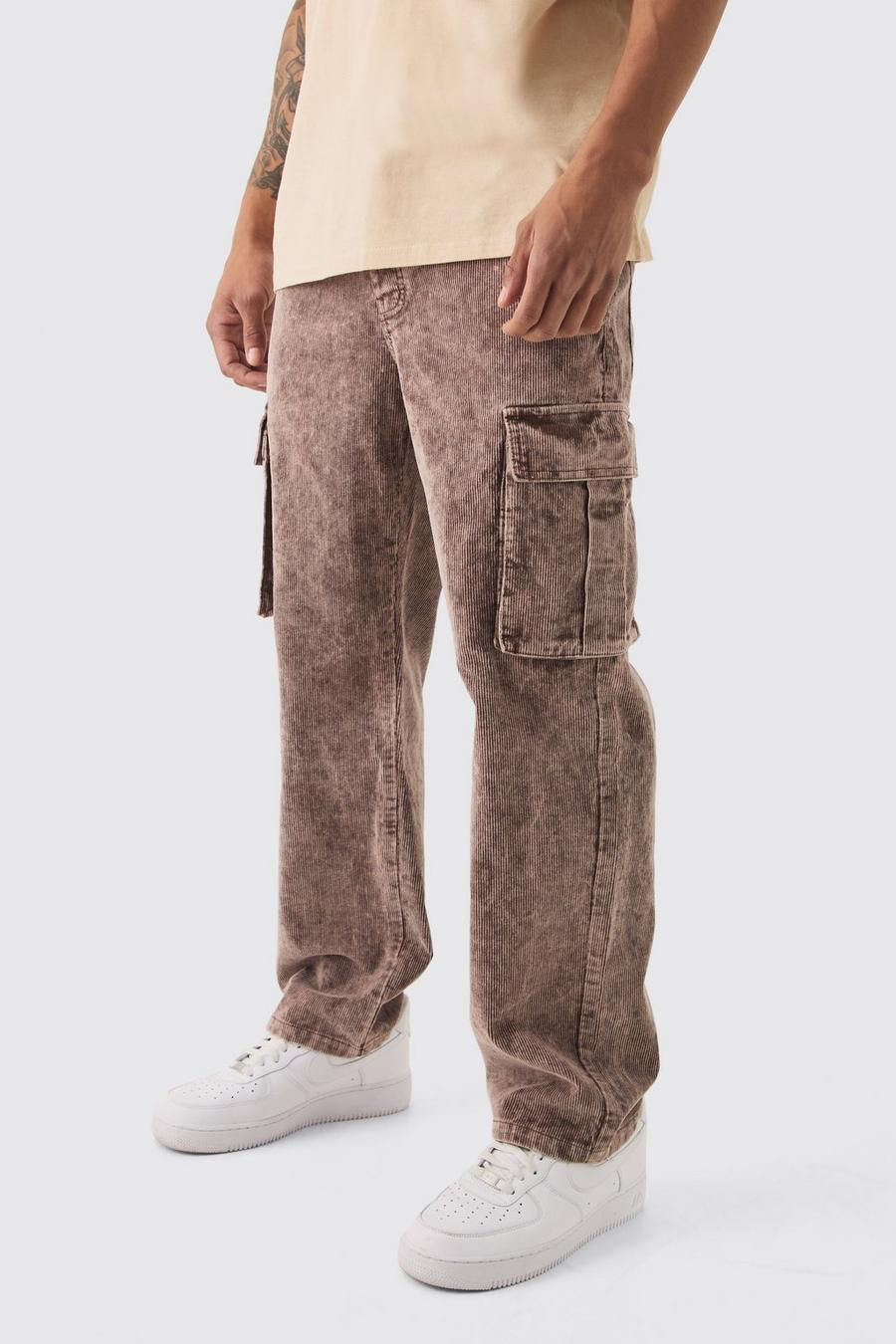 Chocolate Acid Wash Relaxed Cord Cargo Trouser image number 1