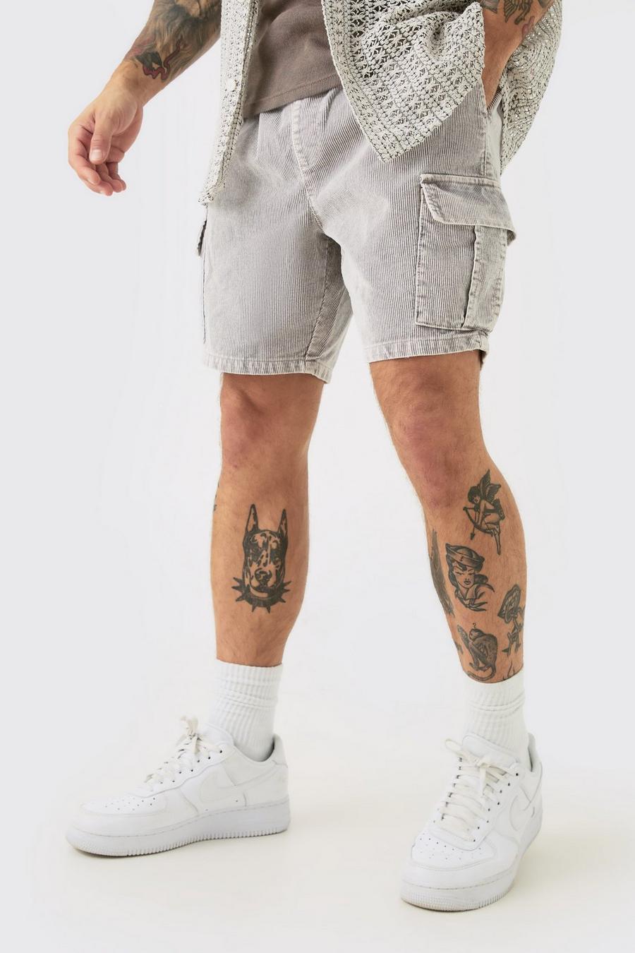 Charcoal Acid Wash Gebleekte Corduroy Slim Fit Cargo Shorts Met Elastische Taille image number 1
