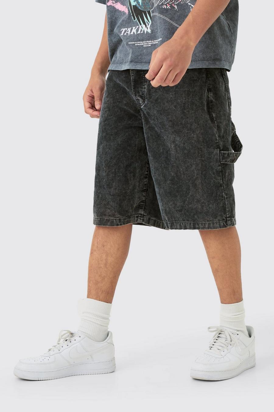 Pantalón corto de pana negro con lavado de ácido estilo carpintero, Black image number 1