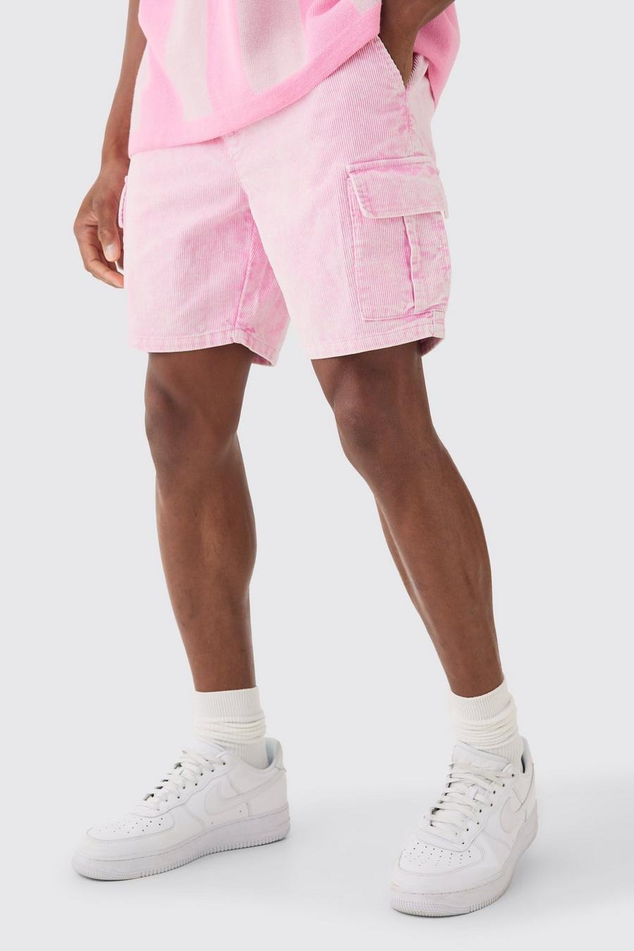 Pantaloncini Cargo rosa Slim Fit in velluto a coste in lavaggio acido con vita elasticizzata, Pink