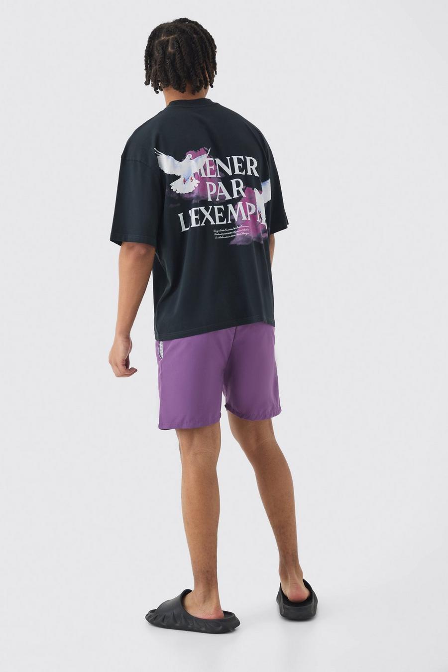 Purple Oversized Boxy Extended Neck Bird Graphic T-shirt & Swim Set