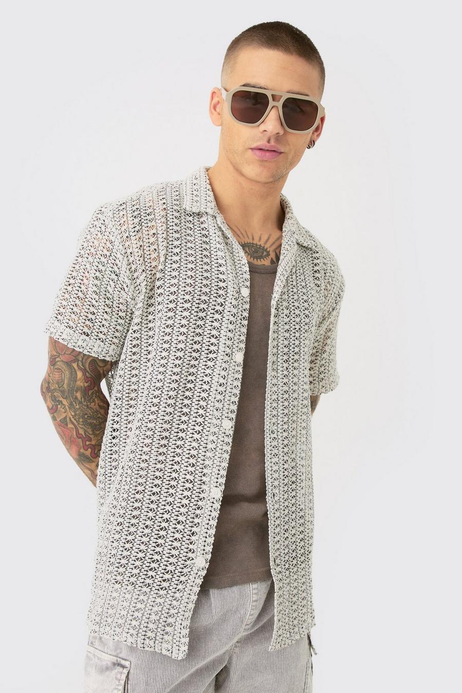 Camicia oversize in maglia traforata a righe, Ecru image number 1
