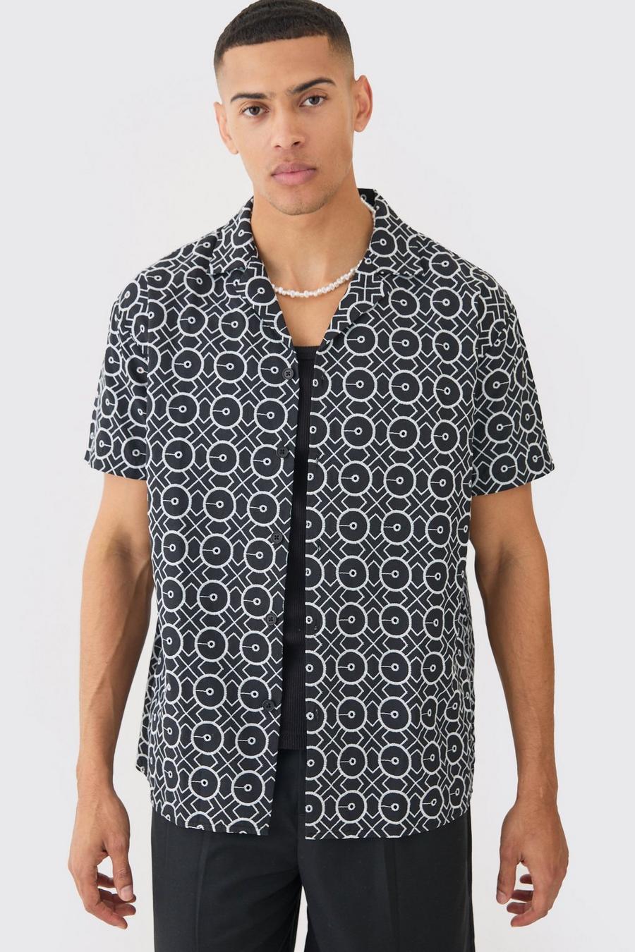 Black Oversize mönstrad skjorta med brodyr image number 1